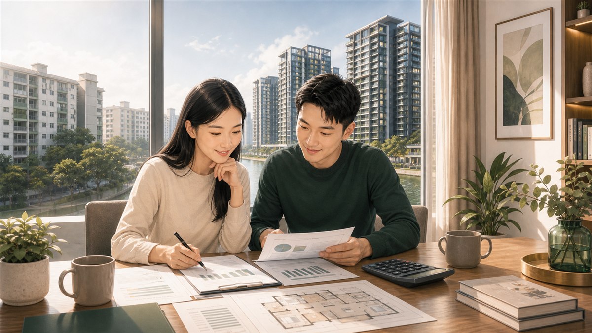 Singapore couple reviewing HDB to condo upgrade financing documents