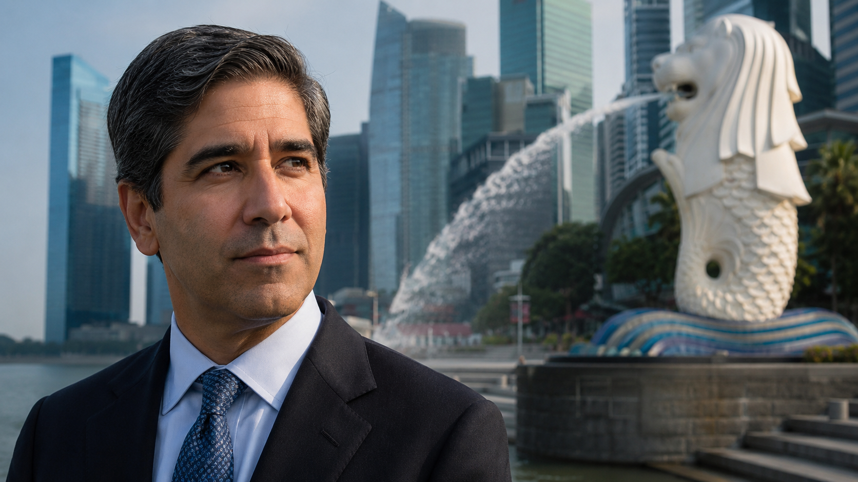 AI-generated editorial illustration of Kevin Warsh in Singapore with the Merlion and skyline