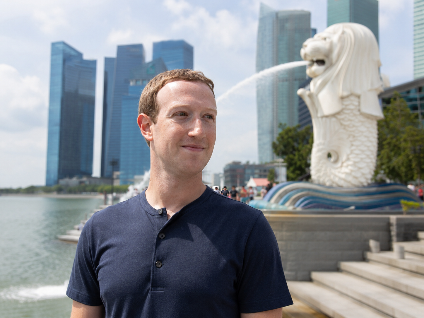 AI-generated editorial illustration of Mark Zuckerberg near Singapore's Merlion for Meta layoffs Singapore 2026 commentary