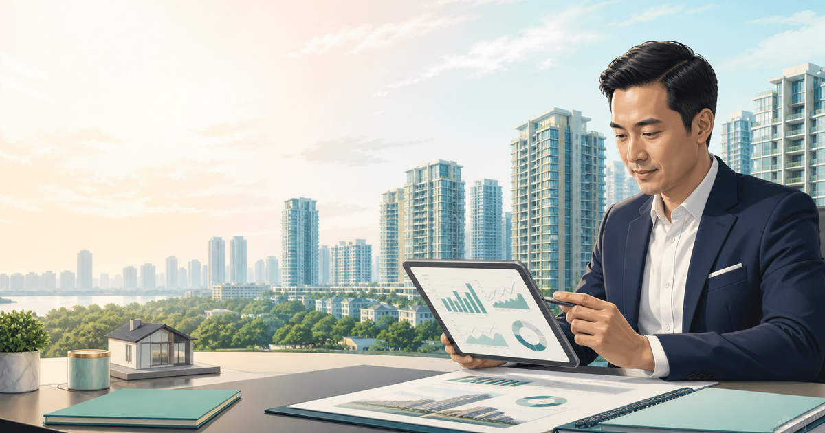 Singapore mortgage advisor reviewing URA Q2 2026 property market charts with condominium skyline