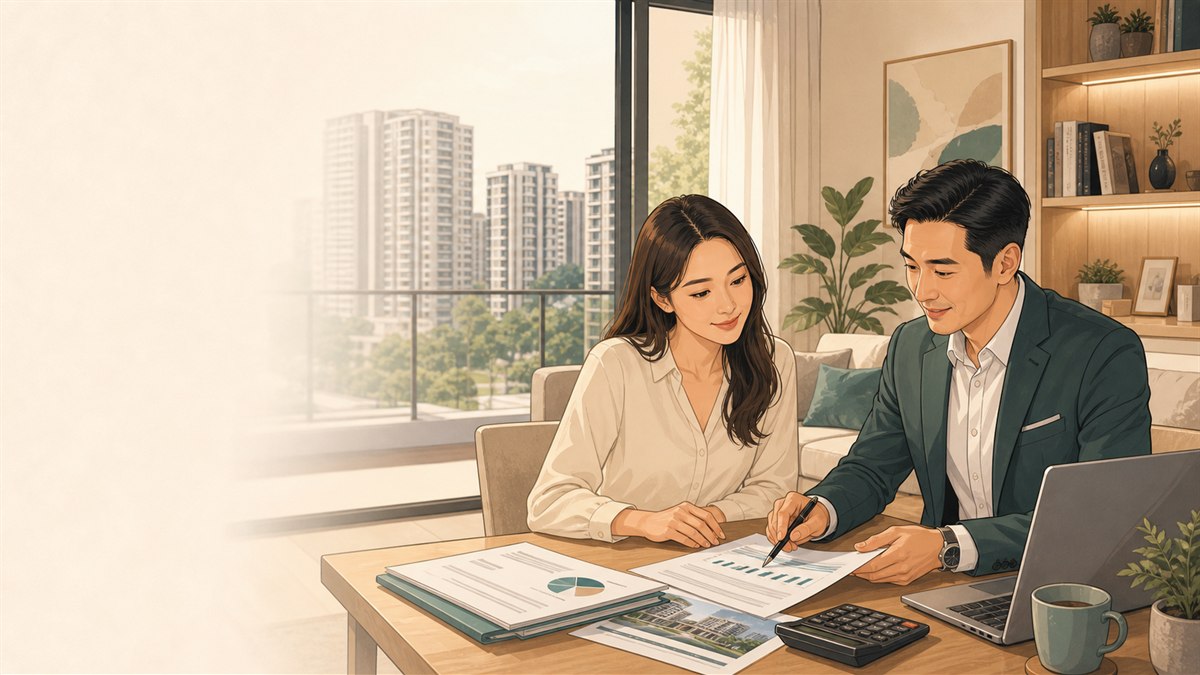 MortgageLogic advisor reviewing Singapore property equity documents with a homeowner