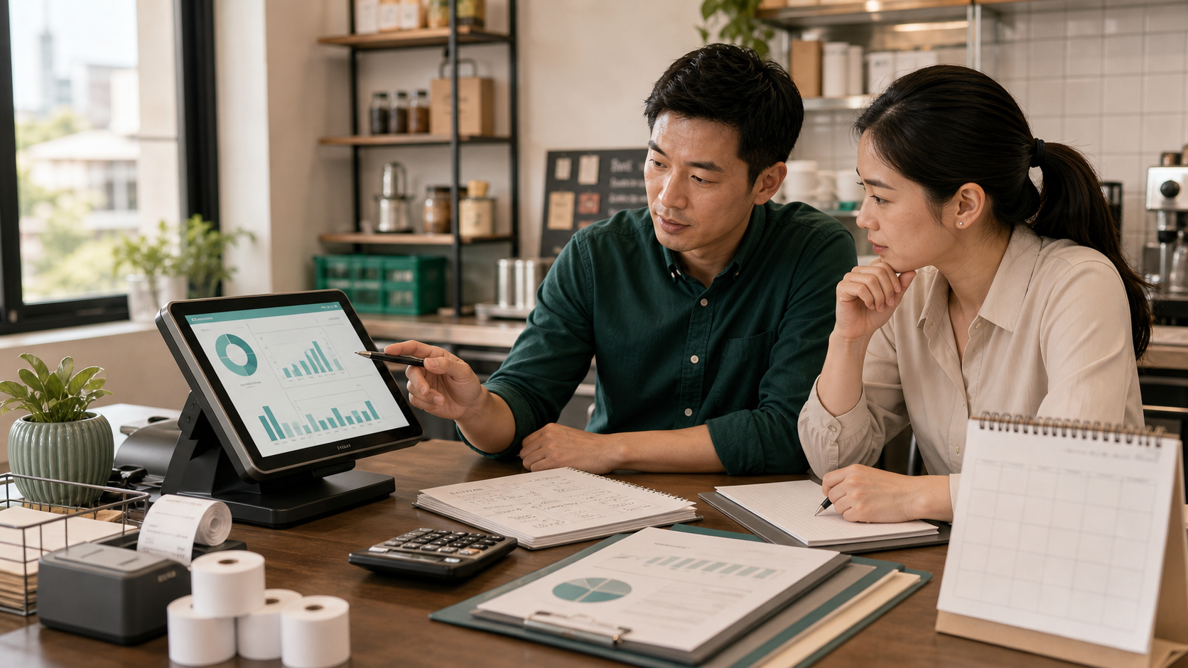 Singapore SME owners reviewing POS dashboard and GST turnover records