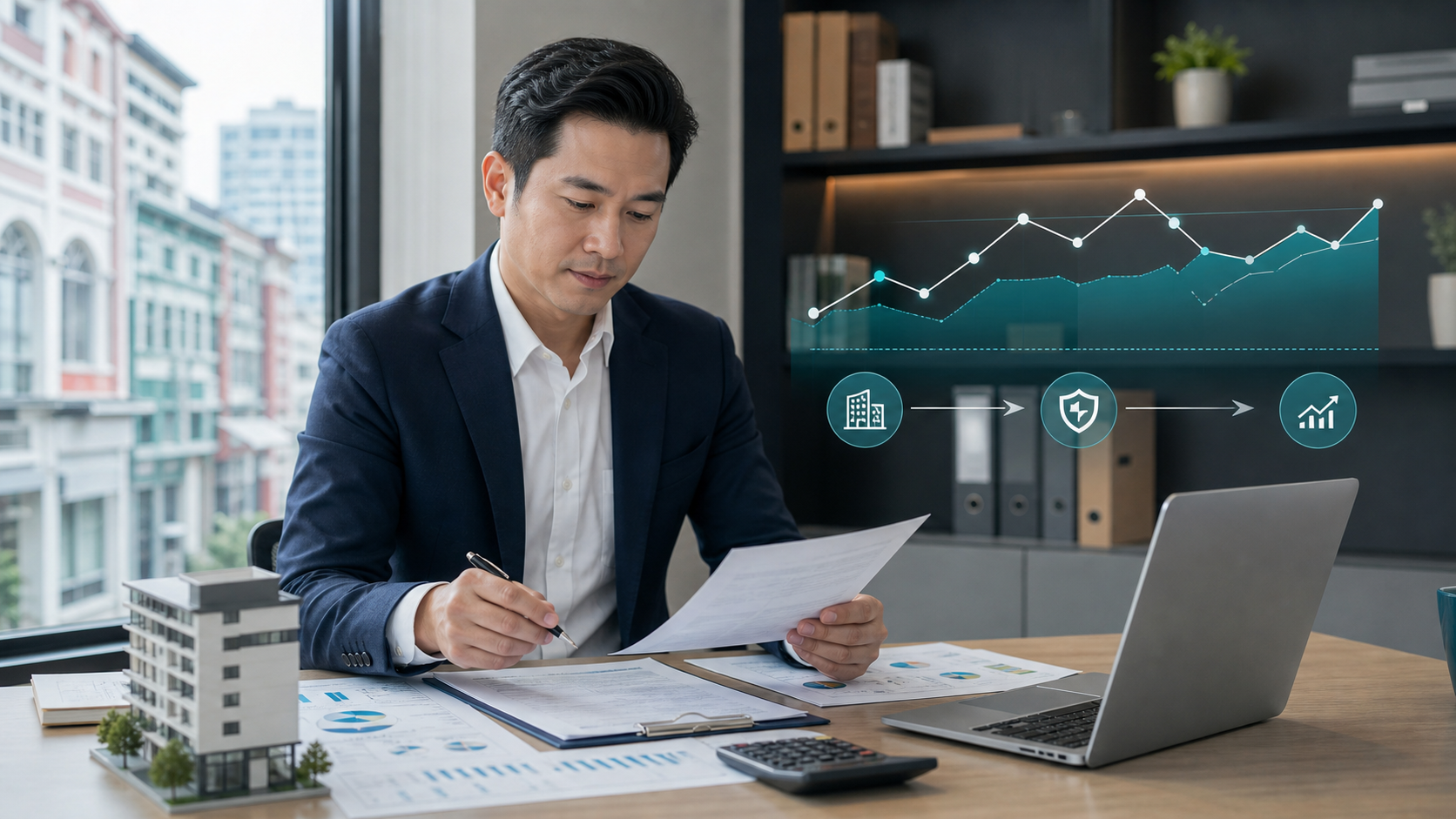 Business owner reviewing commercial property loan documents with rate chart overlay