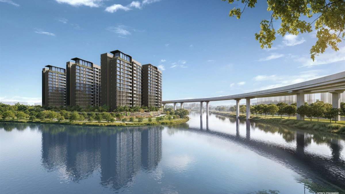 Tengah Garden Residences estate view with waterway, greenery and elevated rail connection