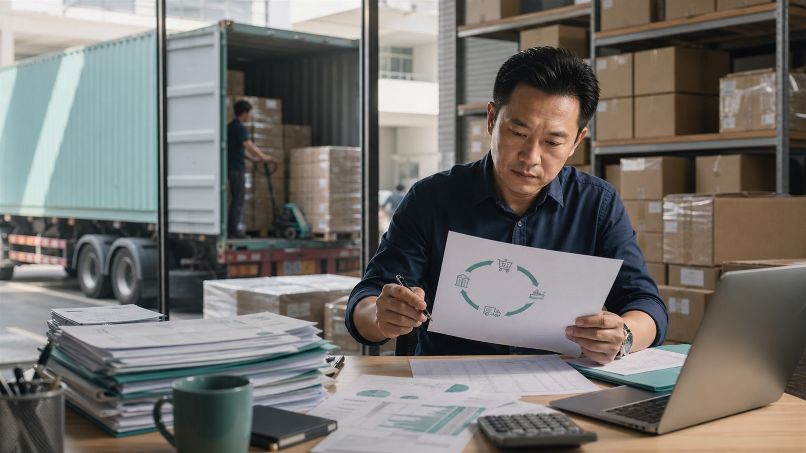 Singapore SME owner reviewing a trade finance cashflow cycle beside inventory and shipping activity