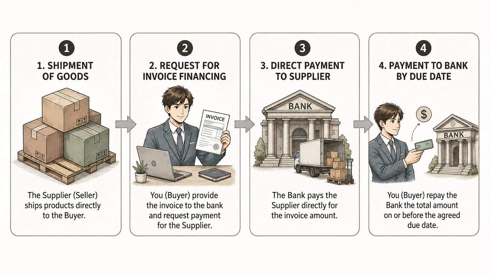 Purchase invoice financing trade cycle showing buyer, supplier, and bank payment flow