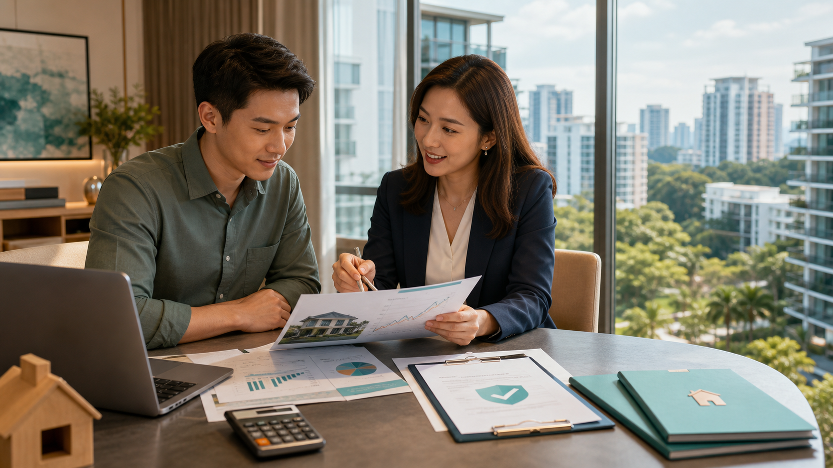 Singapore homebuyer and mortgage advisor reviewing property valuation and home loan planning documents