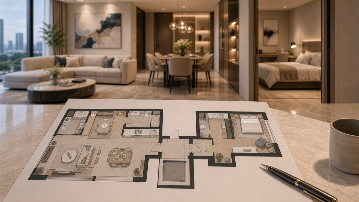 Editorial illustration of a dual-key condo layout concept for a Singapore property buyer